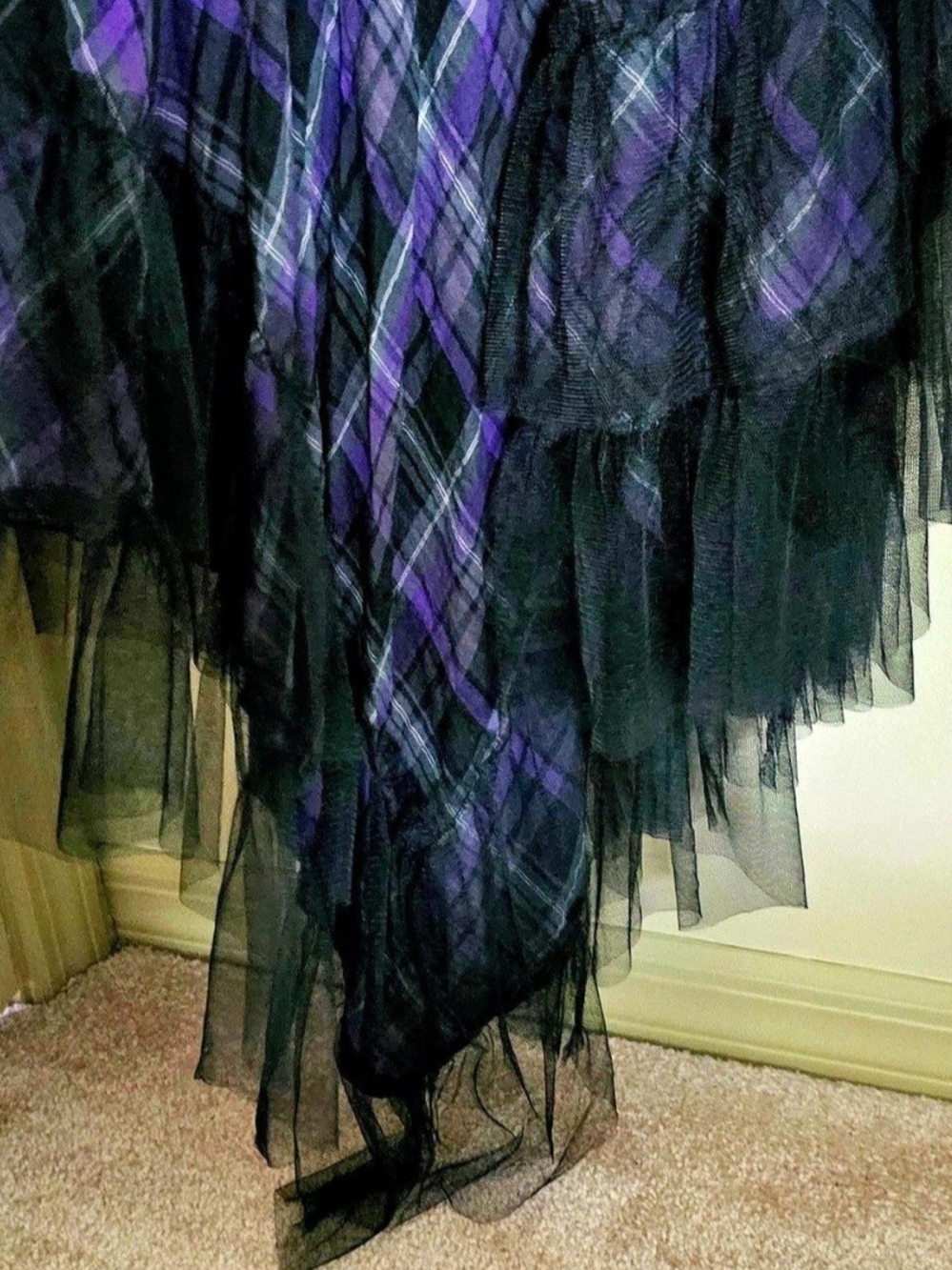 RARE Vintage Lip Service Purple Plaid Ruffle Dress w/Lace Trim & Tuelle, Pockets - Picture 8 of 14